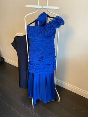 Dancing Queen Cobalt Blue One-Shoulder Rosette Ruched Dress